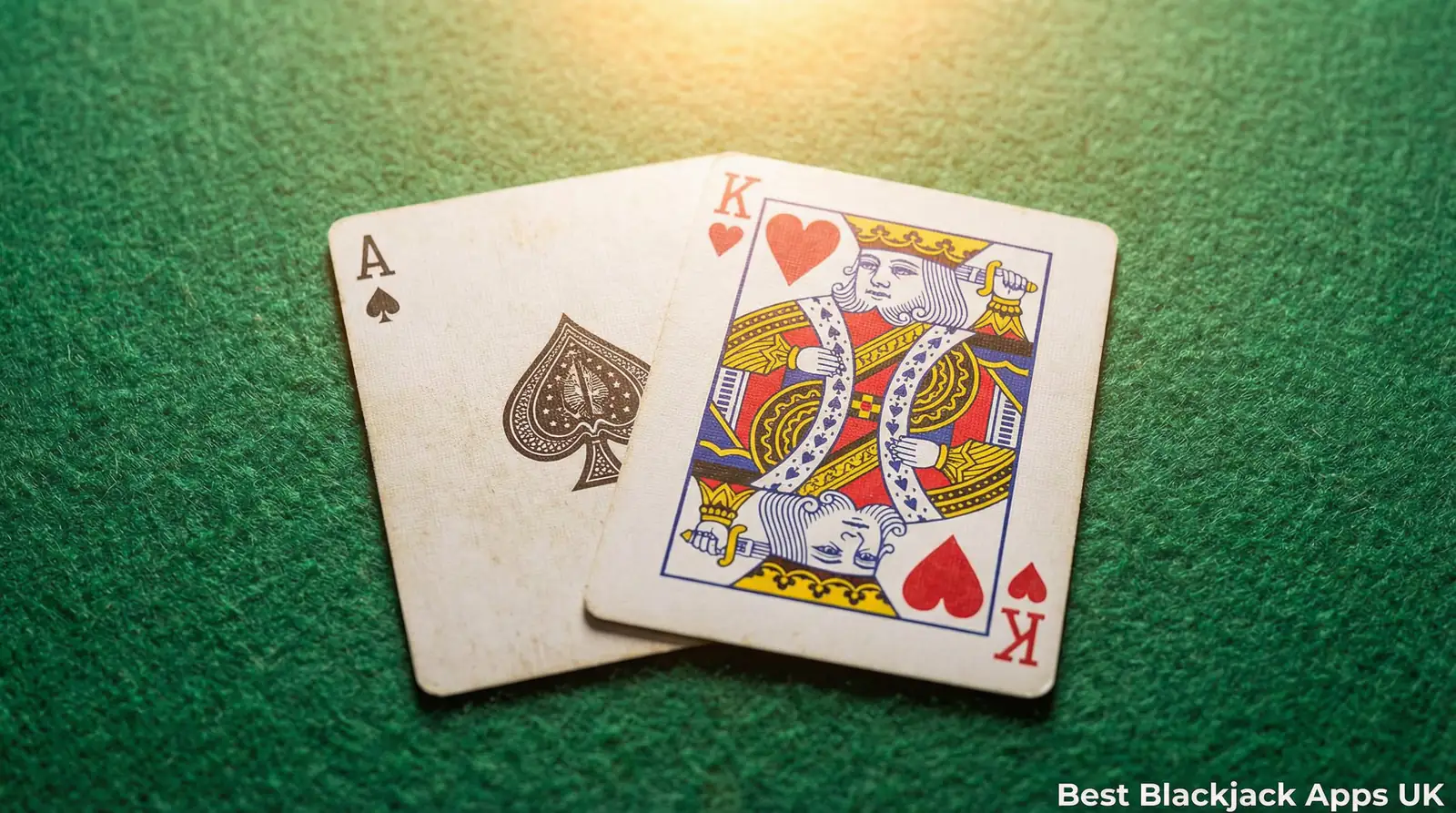 A close-up of two blackjack cards — an ace and a king — on green felt