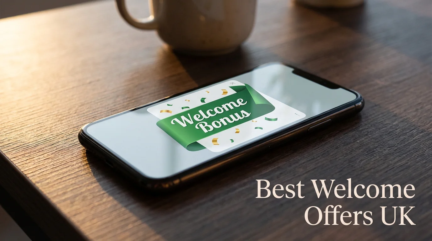 A smartphone showing a welcome bonus notification with a green banner on its screen