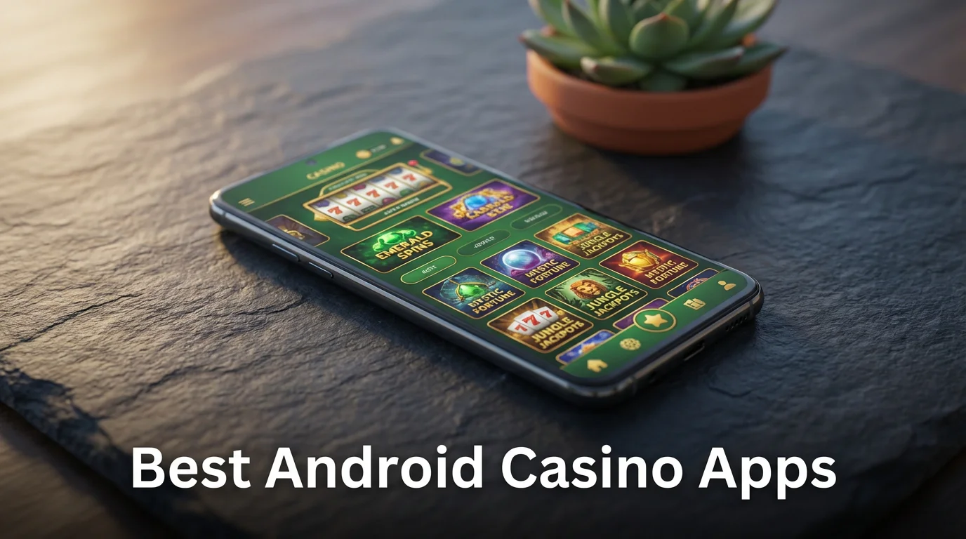 An Android smartphone on a dark surface showing a casino app with a green-themed interface