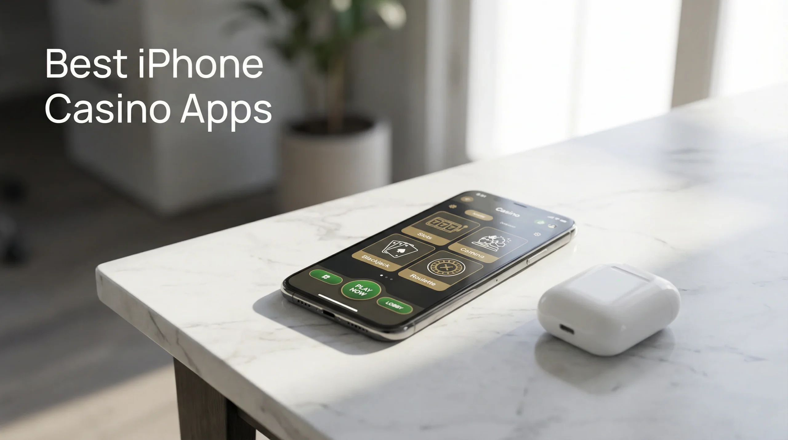 An iPhone on a clean desk showing a casino app lobby with a green accent interface