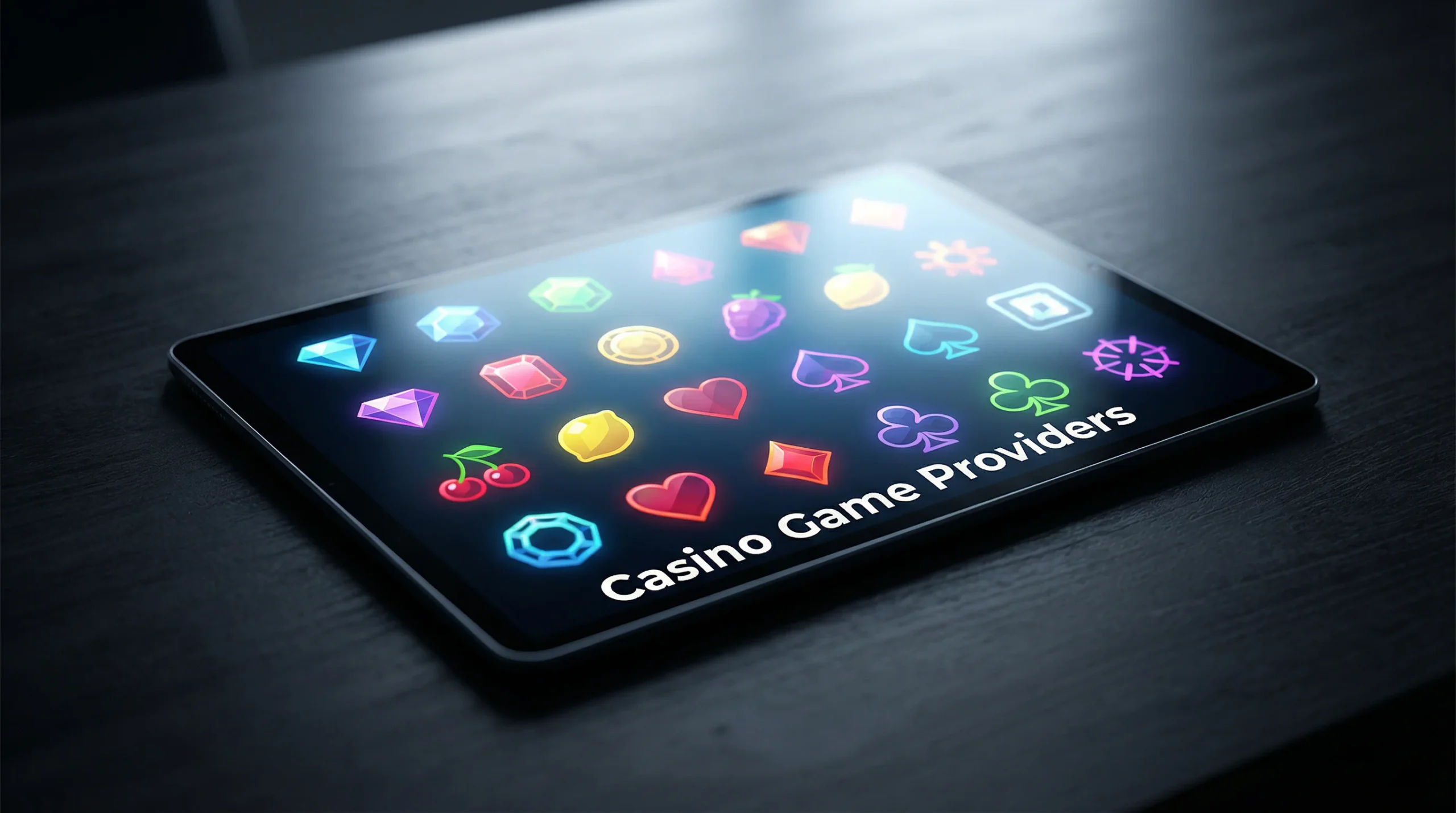 A row of colourful slot game icons displayed on a tablet screen