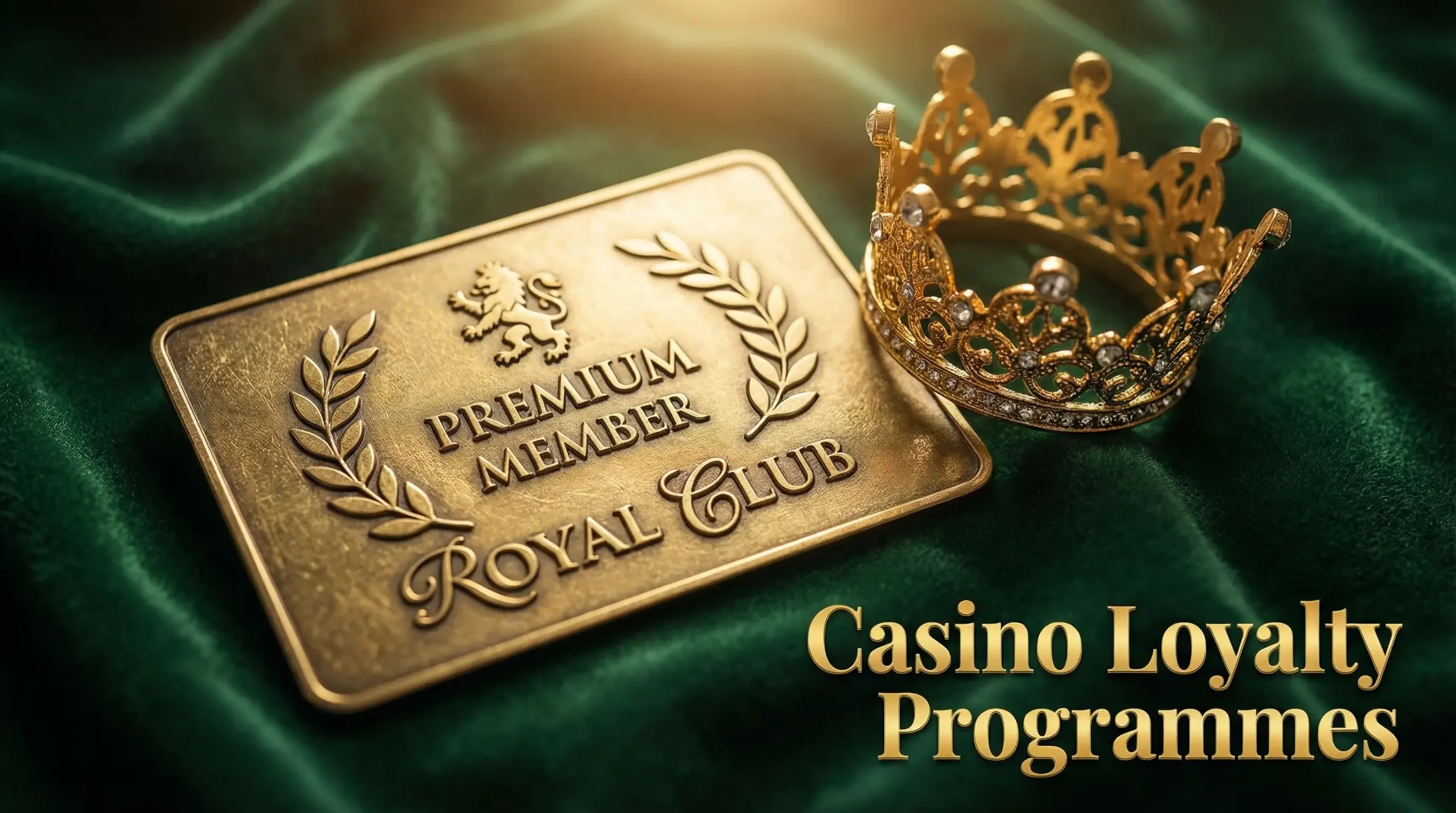 A golden loyalty card and a small crown sitting on a green velvet surface