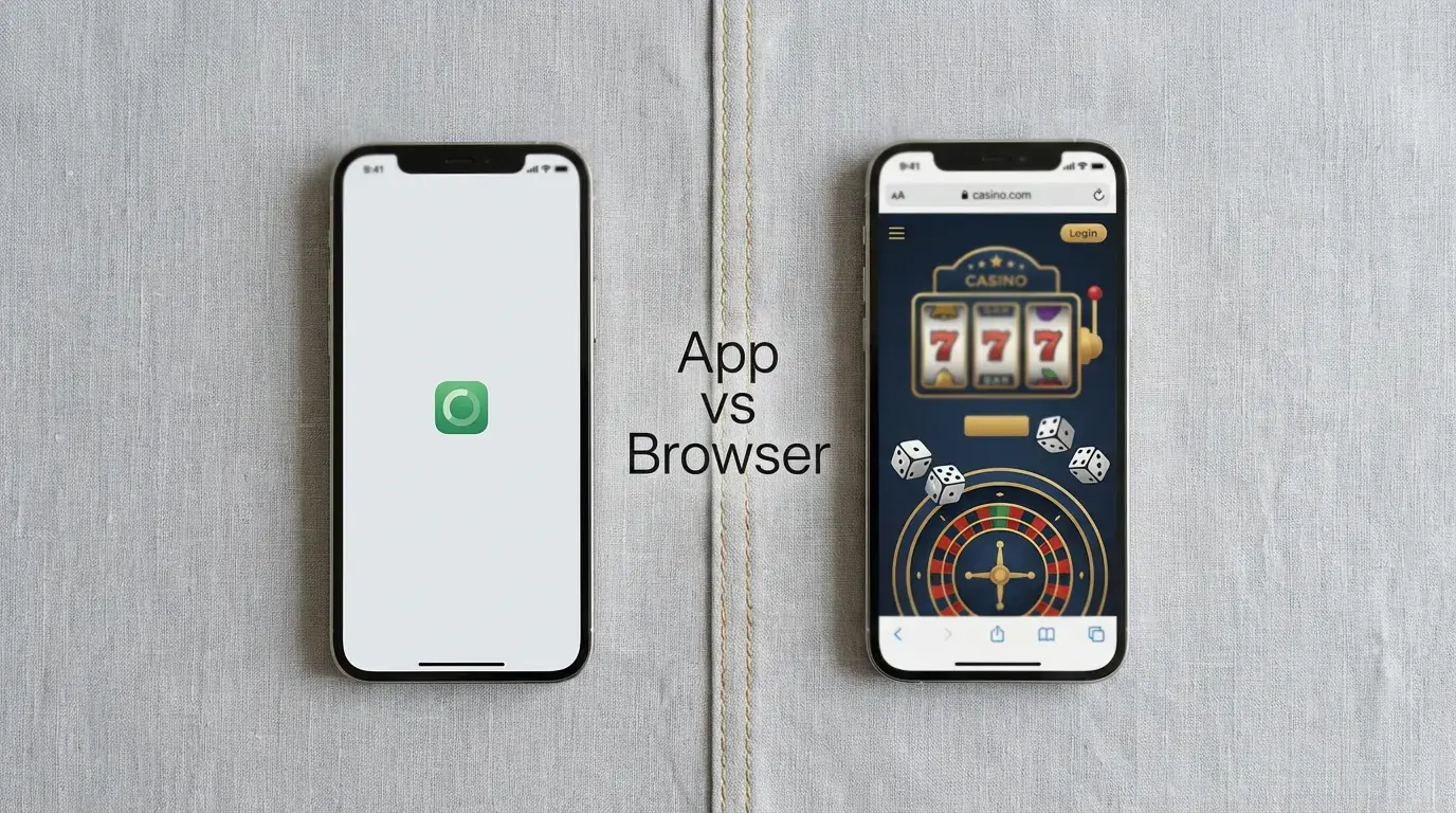 Two smartphones side by side, one showing an app icon and the other a browser tab