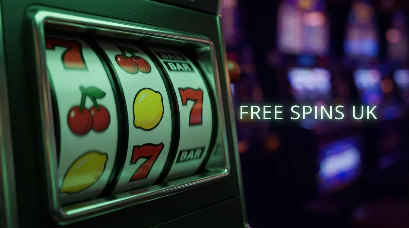 A stylised slot reel frozen mid-spin with a green glow on a dark background