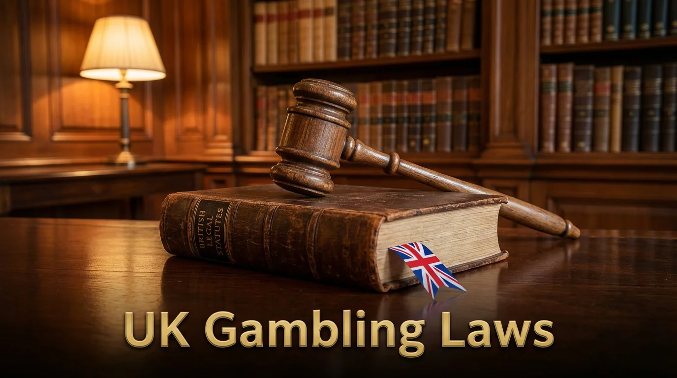 A gavel resting on a legal book with a UK flag ribbon bookmark on a wooden desk