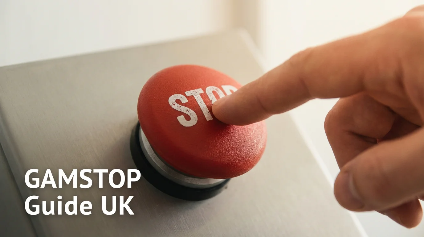 A person's hand pressing a large red 'stop' button on a clean surface