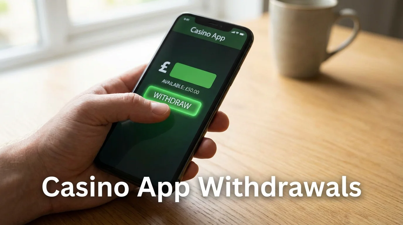 A person tapping a 'Withdraw' button on a smartphone screen at a desk
