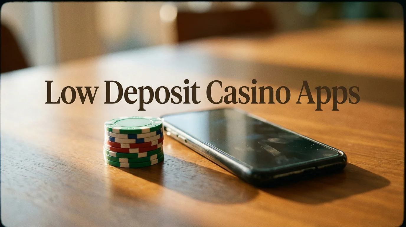 A small stack of poker chips next to a smartphone on a wooden table