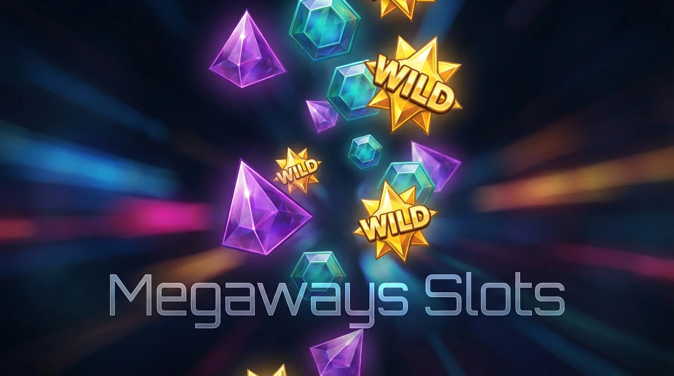 A dynamic close-up of cascading slot symbols on a dark background with colourful light trails