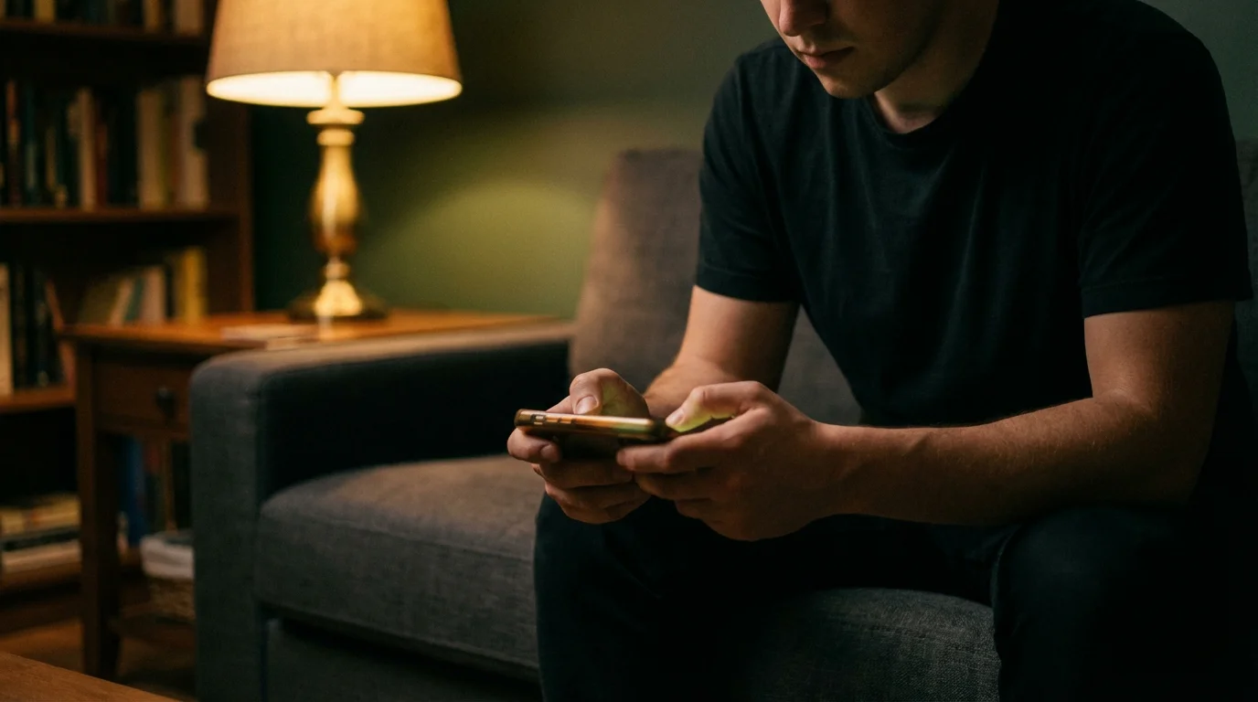 Person playing a live dealer casino game on a smartphone in a relaxed home setting