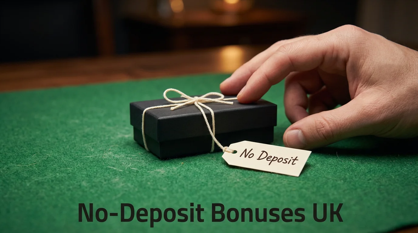 A hand reaching for a gift box with a small tag reading 'no deposit' on a green felt surface