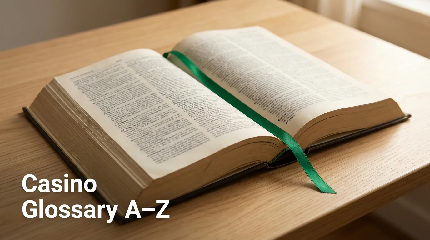 An open dictionary or glossary book with a green bookmark on a clean desk