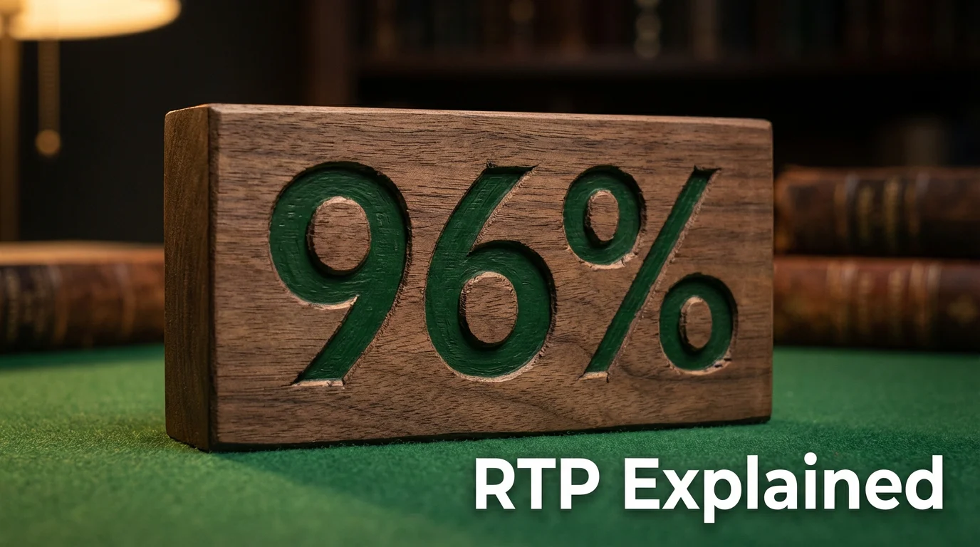 A percentage symbol carved into a wooden block on a green surface, representing RTP
