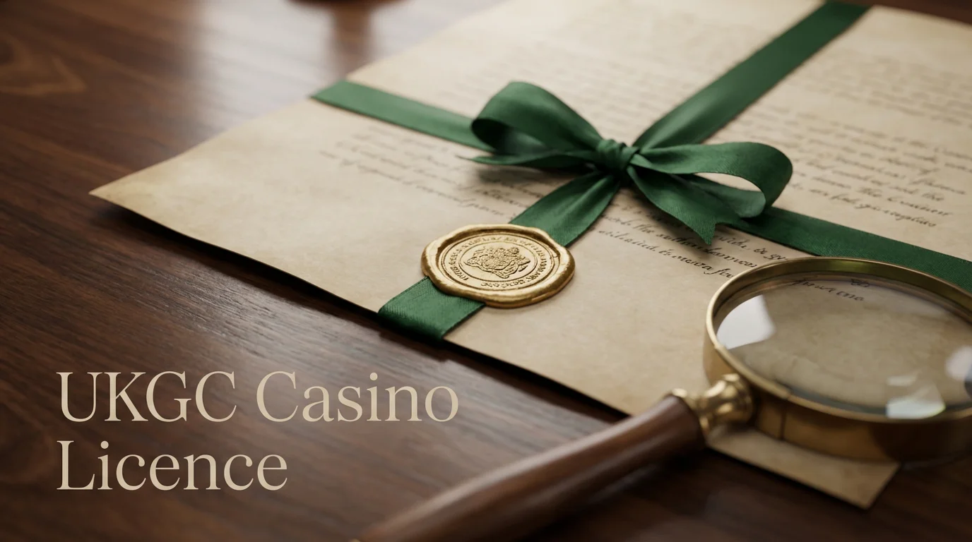 A close-up of an official licence document with a seal on a wooden desk