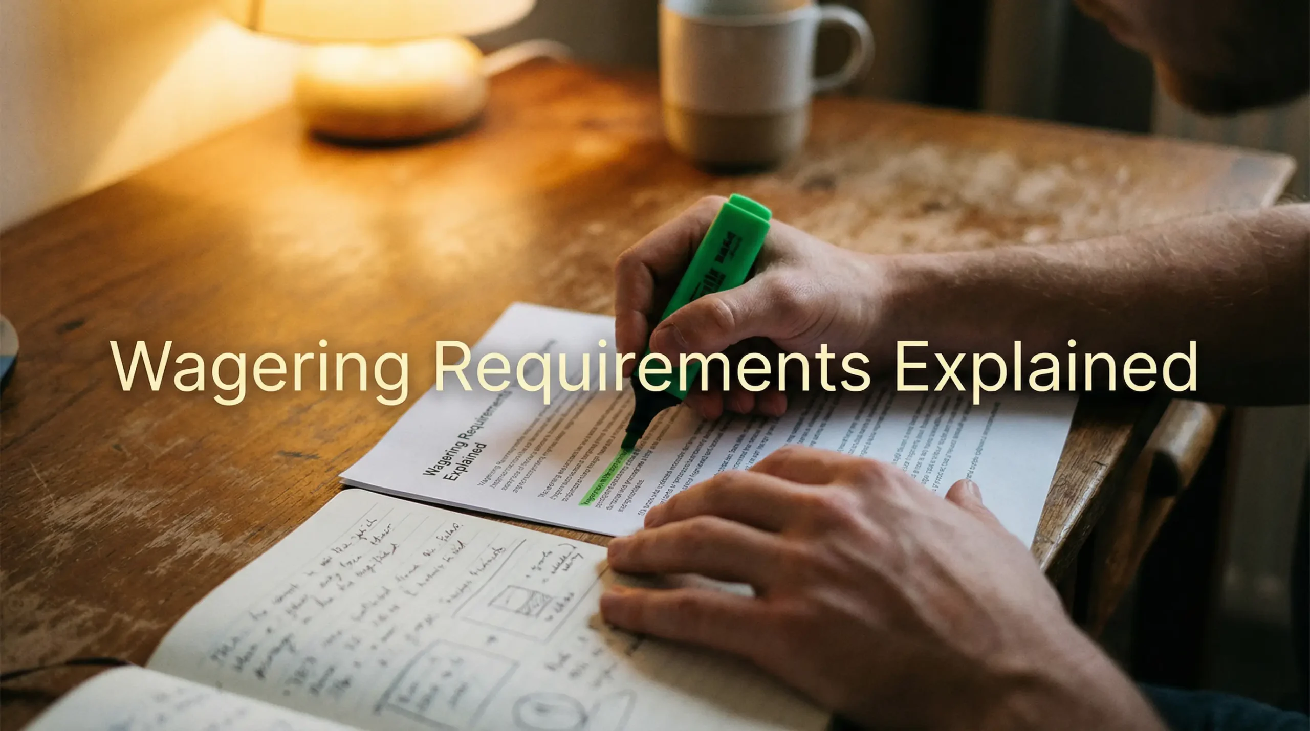 A person studying a document with a pen, highlighting bonus terms on paper